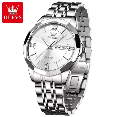 OLEVS 9989 Men's Watch Classic Prism Mirror Waterproof Dual Calendar Fashion Business Watch Luxury Brand Quartz Men Watch - Silver White